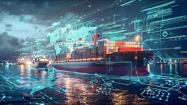 Futuristic cargo ships use tech for logistics.