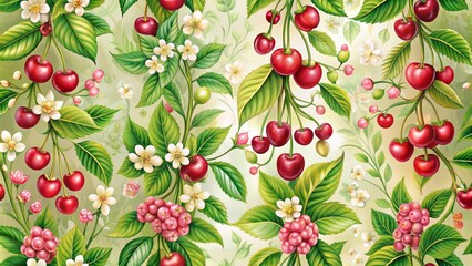 Generate a stunning, highly detailed, photo-realistic vintage floral seamless vertical border featuring cherry and kerry flowers on a green backdrop.