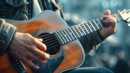 Fototapeta premium A street musician serenades passersby with a soulful melody.