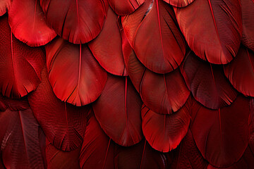 Red feather texture background, abstract nature concept. A red feather pattern wallpaper design for wall art print, decoration and creative backdrop in a dark red color. A close-up shot.