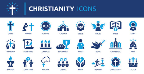Obraz premium Christianity icon set. Containing cross, church, bible, priest, prayer, Christian, baptism, Jesus and more. Solid vector icons collection.