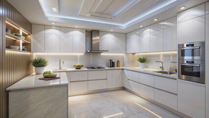 Fototapeta premium White modern false ceiling with recessed lighting illuminates compact kitchen with sleek appliances and minimalist cabinetry.