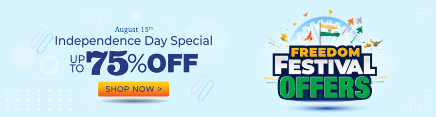 Price discount offers, shopping web banner for India independence day festival. Special 75% off concept