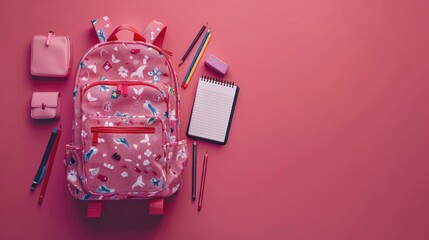 A pink backpack with a floral design sits on a pink background