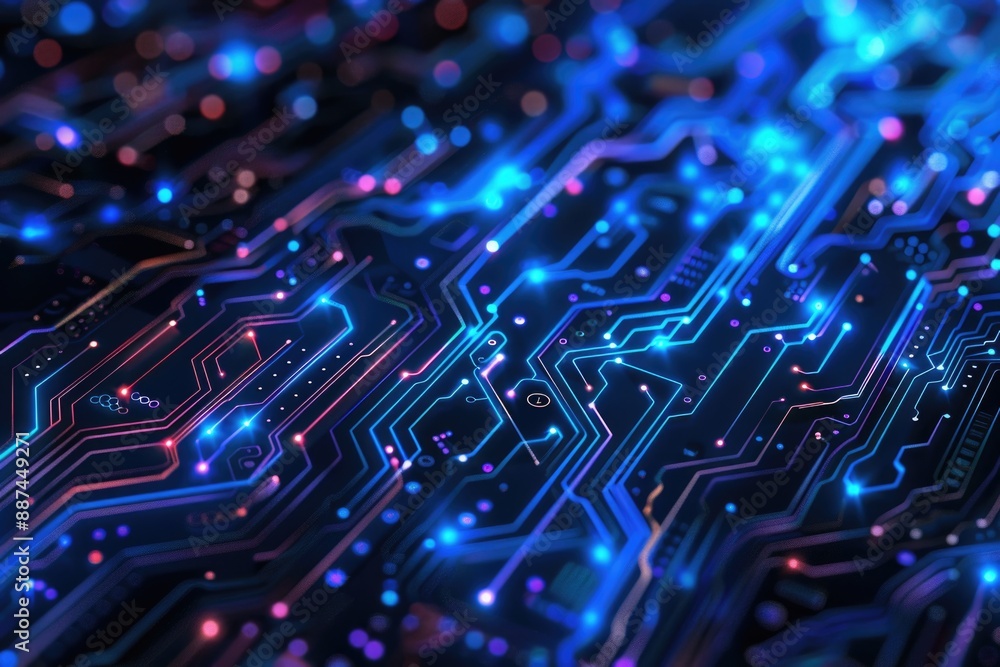 Fototapete A close-up view of a computer circuit board, highlighting its intricate components and connections