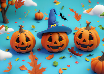 Halloween pumpkin characters, 3D isometric render, animated fun