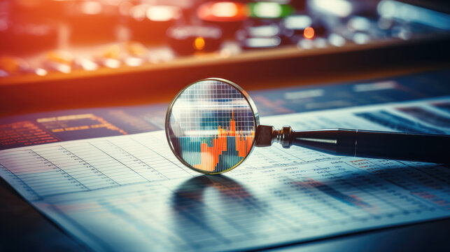 generated illustration magnifying glass search of investing and stock market over a graph chart