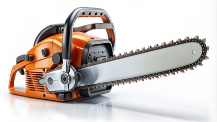 Fototapeta premium Highly detailed, photo-realistic chainsaw for pruning, isolated on white background, minimalist design, bold strokes, realistic shadows and highlights