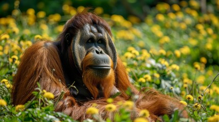 A Tapanuli orangutan, a critically endangered species, rests in a lush field of yellow dandelions, its gaze fixed on something off-camera