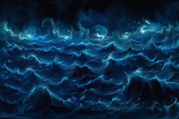 Abstract ocean waves in dark blue tones capturing the power and movement of the sea in a dramatic scene
