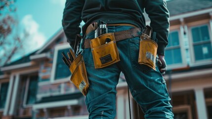 Fototapeta premium Construction worker wearing safety harness and safety line working at high place,Practices of occupational safety and health can use hazard controls and interventions to mitigate workplace hazards