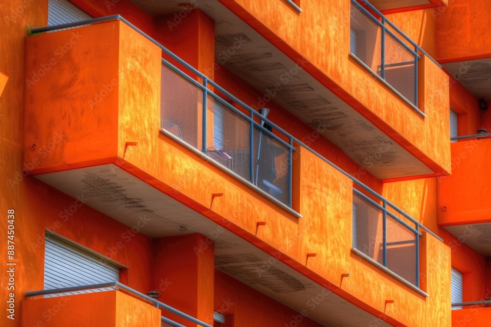 Poster a tall orange building with multiple balconies, ideal for use in illustrations or graphics about arc