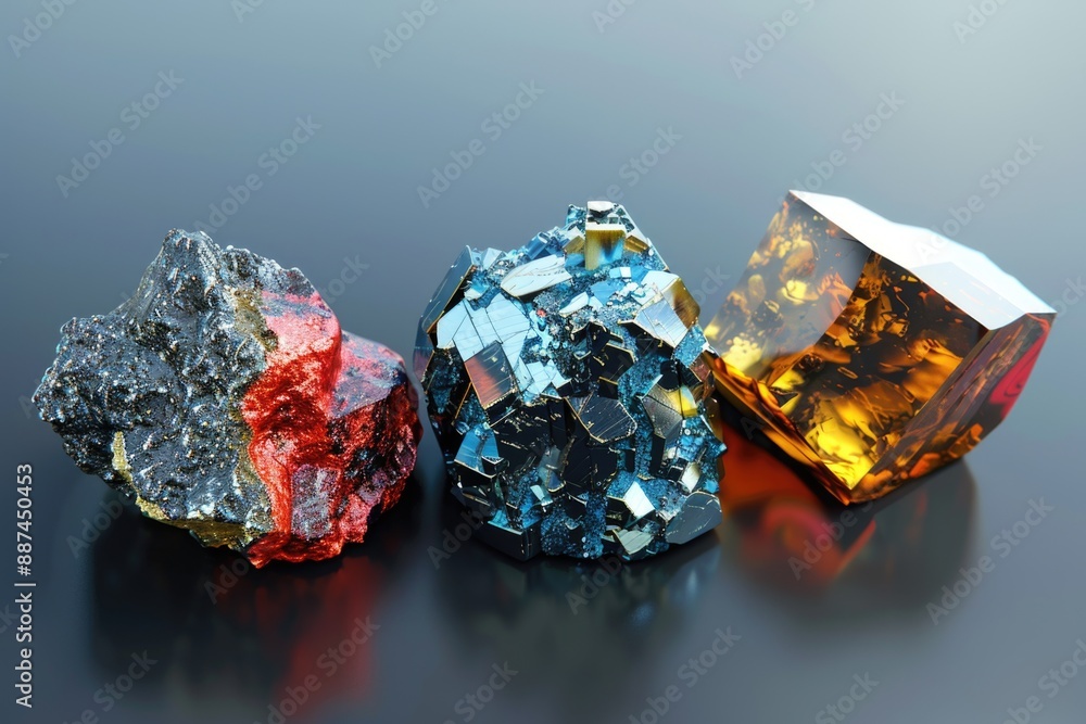 Poster close-up shot of three differently colored crystals on a black background, suitable for science, tec