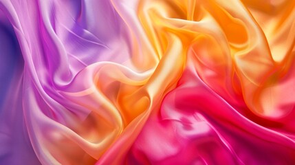 Obraz premium A close-up image of a luxurious silk fabric, draped in vibrant colors of purple, yellow, and pink. The fabric is soft and shimmering, creating an abstract and artistic composition