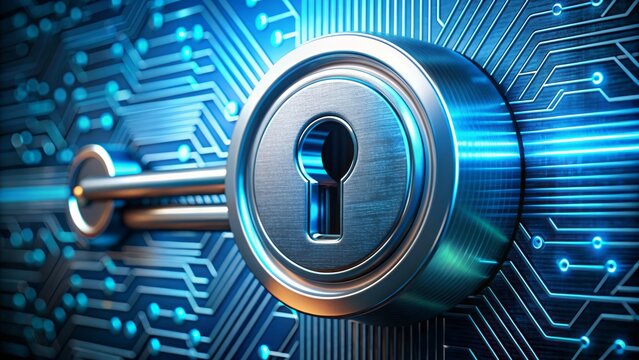 Modern high-security lock with intricate keyhole and glowing blue digital display showing complex code encryption on sleek metallic surface.