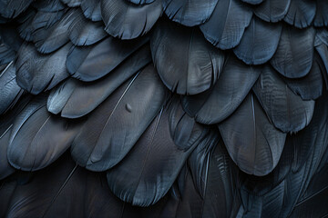 Black feathers abstract background, texture wallpaper design for banner and poster, dark gray feather pattern on black color. bird wing close up.