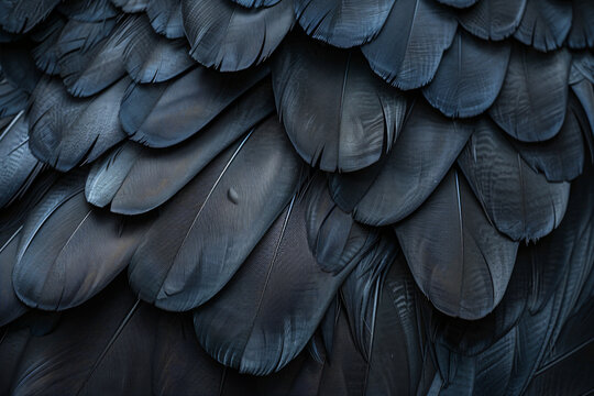 Black feathers abstract background, texture wallpaper design for banner and poster, dark gray feather pattern on black color. bird wing close up.