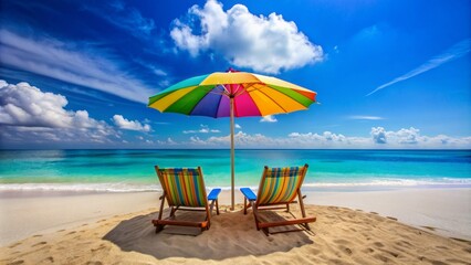 Vibrant multicolored beach umbrella shades two empty chairs facing endless turquoise ocean beneath a brilliant cloudless sky.