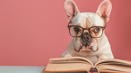 A Bulldog with glass reading a book in pastel background. Creative thinking wallpaper