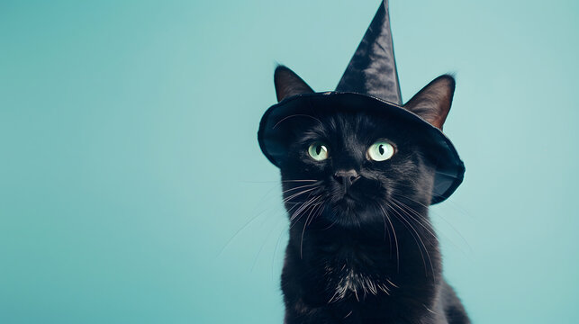 Black cat wearing witch's hat in pastel background. Halloween themed.