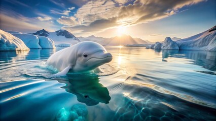 Fototapeta premium Photorealistic majestic beluga whale breaching icy Arctic waters, sunlight dancing across its snowy white skin, realistic ocean spray.
