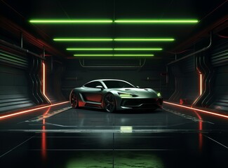 Naklejka premium Futuristic sport car in underground Sci Fi garage with green neon fluorescent lights.