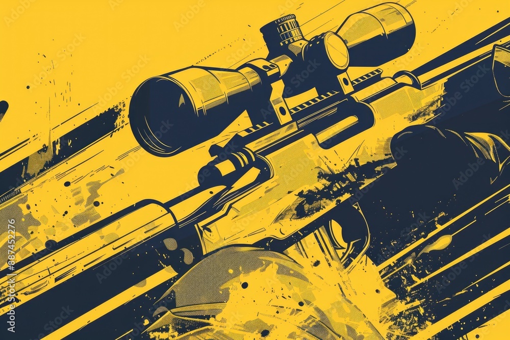 Poster Image of a rifle with a scope on a yellow background, suitable for use in articles or websites about hunting or firearms