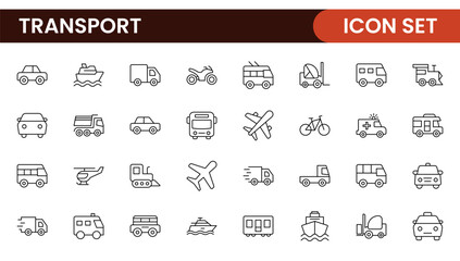 Transport icon set. Containing distribution, shipping, transportation, delivery, cargo, freight, route planning, supply chain, export and import icons. Solid icon collection. © artnazu