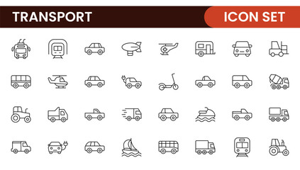 Transport icon set. Containing distribution, shipping, transportation, delivery, cargo, freight, route planning, supply chain, export and import icons. Solid icon collection.
