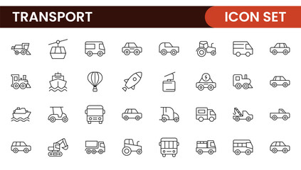 Transport icon set. Containing distribution, shipping, transportation, delivery, cargo, freight, route planning, supply chain, export and import icons. Solid icon collection.