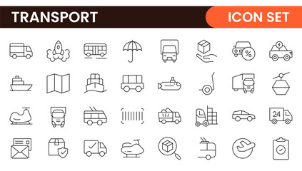 Transport icon set. Containing distribution, shipping, transportation, delivery, cargo, freight, route planning, supply chain, export and import icons. Solid icon collection.