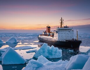 Icebreaker ship navigating through icy waters under a beautiful sunset, a blend of technology and natural beauty.