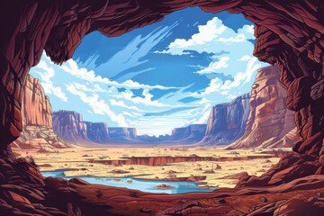 Desert Canyon Landscape with Blue Sky and Rocky Cave Entrance