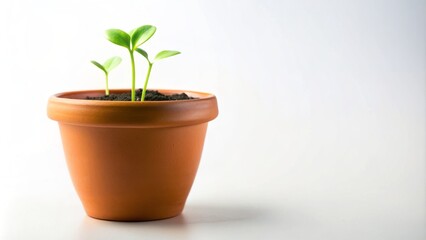 Small delicate green leafed potted plant sits alone on a pristine white background awaiting nurturing with ample space for added context.