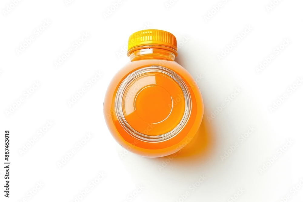Poster a single serving of orange juice in a clear glass bottle on a clean white surface, suitable for use 