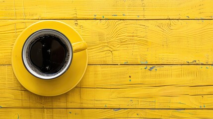 Bird s eye view of coffee cup on yellow wooden surface with space for text