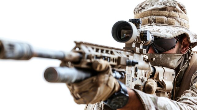 A hunter dressed in camouflage is holding a rifle and aiming it, ready for action