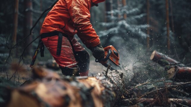 A lumberjack in a bright orange jacket operates a chainsaw, cutting a fallen tree trunk. Wood chips fly through the air as he works amidst the dense forest