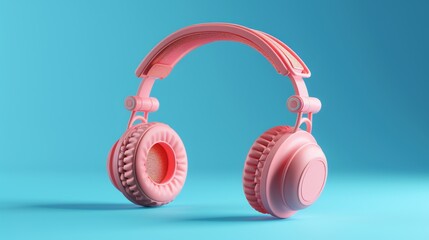 Naklejka premium A pair of pink headphones is suspended in mid-air against a vibrant blue background. The headphones are positioned at a slight angle, with the earcups facing the viewer