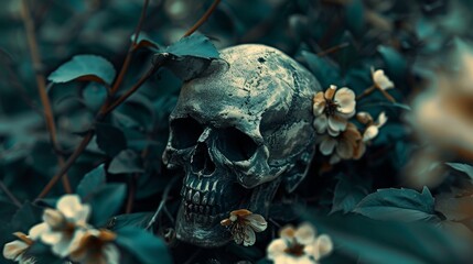 Skull bone and flowers, a symbol of deep condolences