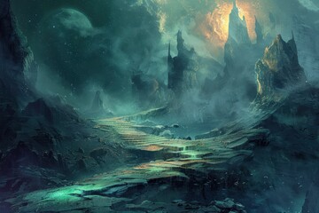 Obraz premium Mysterious Alien Landscape with Glowing Runes and Celestial Bodies