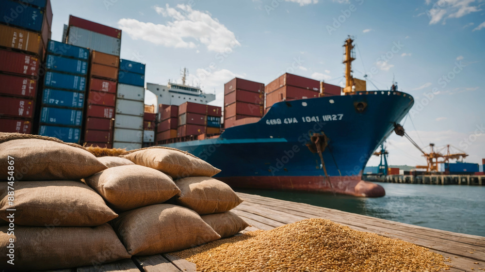 Poster stacks of grain sacks and a pile of wheat in front of a large container ship at a busy port