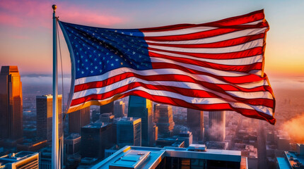 The American flag waves proudly over a cityscape at sunset