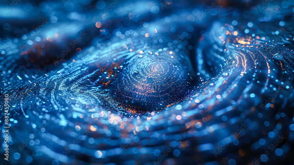Poster a detailed blue fingerprint pattern with intricate dots and a bokeh effect