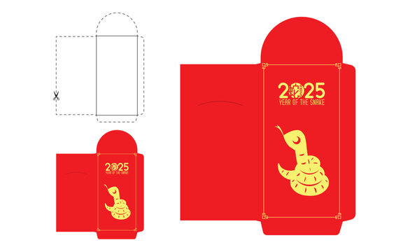 2025 money red packet ang pao. Cute paper cut snake with Chinese word. (Translation: Snake)