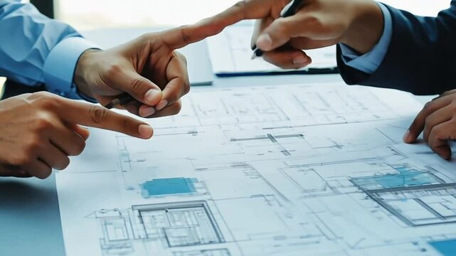 Two engineer men are drawing blueprints on a table. One of them points to a section of the drawing