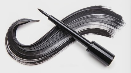 Vibrant black liquid eyeliner strokes sweep across a pristine white backdrop, showcasing the cosmetic product's rich, velvety texture and versatile swatch.