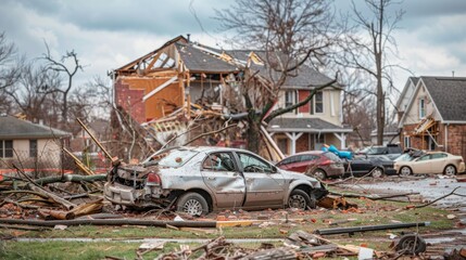 Fototapeta premium A car is smashed in a pile of debris next to a house that has been destroyed by