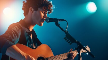 Obraz premium Soulful Serenade: Acoustic Artist Performing with Guitar and Mic on Dimly Lit Stage