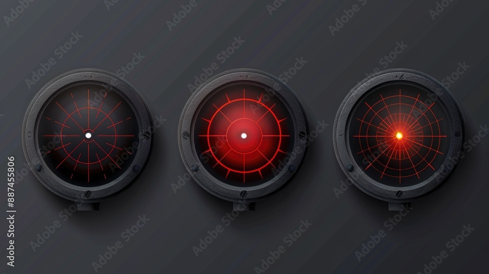 Poster Three analog clocks with red light illumination on a black background